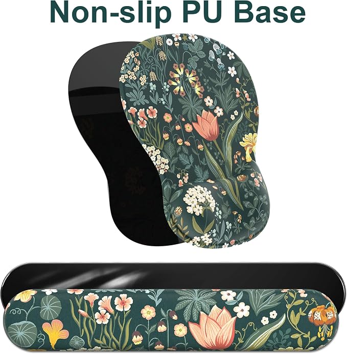 Ergonomic Mouse Pad with Wrist Rest and Keyboard Wrist Rest, Gel Mousepad and Wrist Rest for Computer Keyboard, Pain Relief, Non-Slip PU Base, Mouse Pad Wrist Support for Gaming, Office, Green Flower