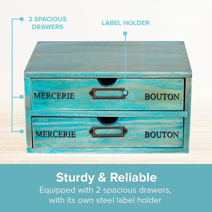 Turquoise 2-Tier Drawer Unit - European Country Style Desk Organizer Box - 9.7x7x5.1" Teal Wooden Stackable Drawers - Countertop Organizer Drawers w/Label Holder - Double File Drawer Unit