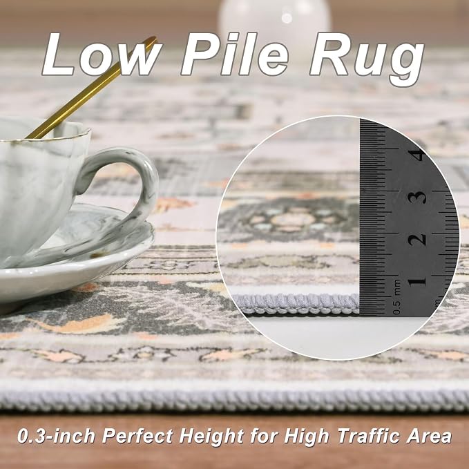 Macgace 4x6 Grey Beige Area Rug for Living Room, Machine Washable Rugs with Non-Slip Backing for Bedroom, Vintage Medallion Carpet Kitchen Laundry Kids Room Decor