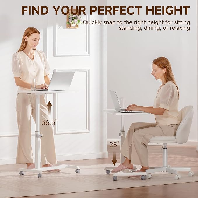GTPLAYER Small Standing Desk, 24 Inches Mobile Foldable Rolling Laptop PC Table with Lockable Casters, Adjustable Height Overbed Bedside Table Computer Workstation for Home Office, White