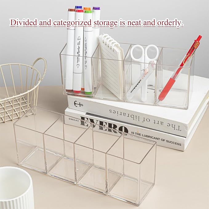 4 Compartment Acrylic Pen Holder, Large Capacity Clear Makeup Brush Organizer for Desk, Multi-Section Pencil Caddy for Office Supplies, Cosmetics, and Art Markers, Heavy-Duty Storage Container