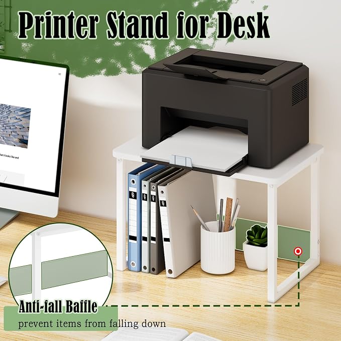 MARTY Printer Stand for Desk, Desktop Shelf Printer Riser for Home Office | Desktop Printer Stand, 17.1"x12.4", Printer Shelf, Small Printer Table for Fax Machine Copier Scanner, Desk Organizer, White