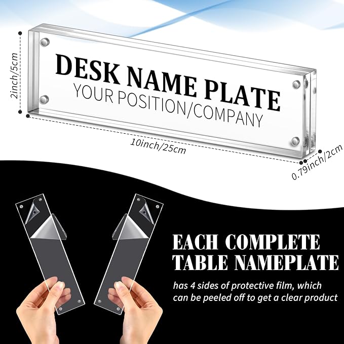 Geetery 4 Pcs Acrylic Office Desk Name Plate Personalized Clear Acrylic Block Double Sided Table Name Plate Holder Business Magnet Frame DIY Desktop Holder Accessories Decor (2" x 10")