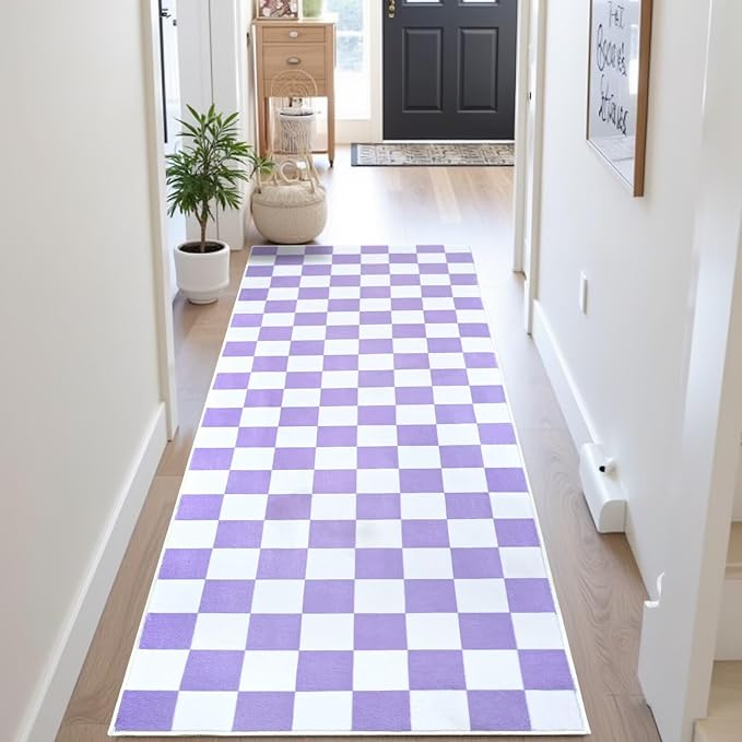 Terrug Purple and White Checkered Area Rug for Kitchen,2x6 Runner Rugs Washable with Non Slip for Bedroom,Soft Low Pile Stain Resistance Retro Carpet for Entryway Hallway