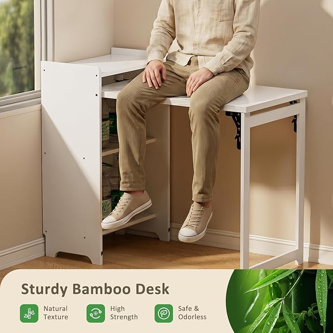 Bamboo Folding Desk for Small Spaces with Storage, Foldable Mid Century Modern Drop Leaf Desk, Vintage Fold Out Hideaway Small Desks for Bedroom or Home Office, White