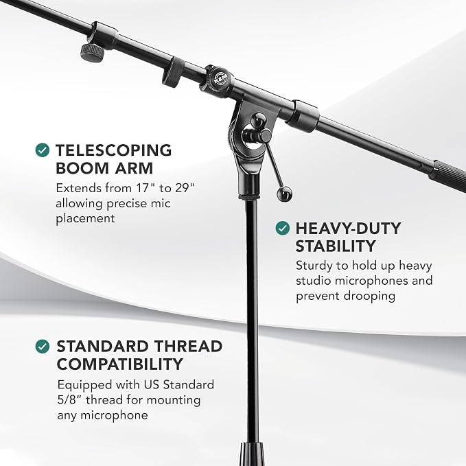 K&M König & Meyer 21090.500.55 Tripod Microphone Stand - Adjustable Telescoping 2-Piece Boom Arm - Professional Grade - Heavy Duty with Folding Leg Base - German Made Black