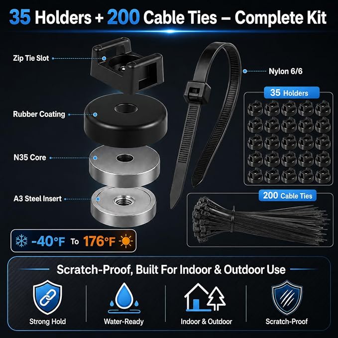 Magnetic Cable Zip Tie Mounts, 35 Pcs Magnet Bases with 200 Pcs Cable Ties, Multipurpose Wire Management Organizer for Desk PC Home Office, Adhesive-Free Cable Clips Holder