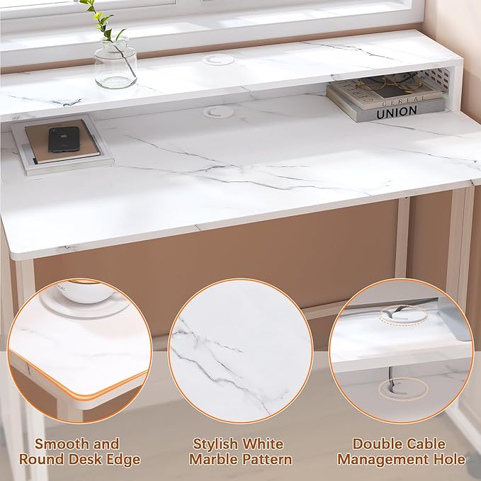 Gezen Folding Desk With Storage Shelf, Small Rolling With Wheels, Mobile Couch Sofa Side Table Bed for Home Office Small Space, White Marble, 39.4"
