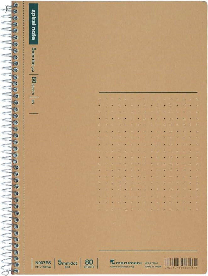 Maruman Spiral Note Basic Dot Grid Notebook- A5, 5.83" x 8.27", 80 Sheets / 160 Pages, 5mm Dotted Journal, Perforated Pages & Wire-Bound to Lay Flat, Sturdy Kraft Cover, Made in Japan
