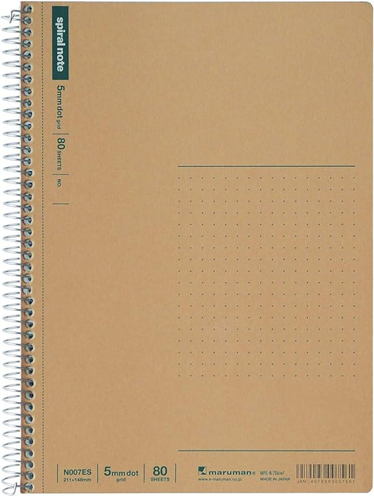 Maruman Spiral Note Basic Dot Grid Notebook- A5, 5.83" x 8.27", 80 Sheets / 160 Pages, 5mm Dotted Journal, Perforated Pages & Wire-Bound to Lay Flat, Sturdy Kraft Cover, Made in Japan