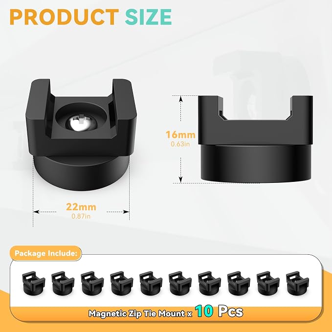10 Pcs Magnetic Zip Tie Mount Base 26lbs Strong Magnetic Zip Tie Holder Multipurpose Magnet Cable Tie Clips Holder Wire Management Clips for Home Office Marine Electrical Wiring Organization Black