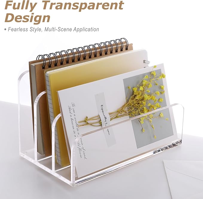 SANRUI Clear Mail Organizer Desk Sorter, Acrylic Letter File Holder 3-Slot | Laddered Office Document Mails Storage, Multifunction Letter Folder Racks Holders for Office,Home, School Desk Organization