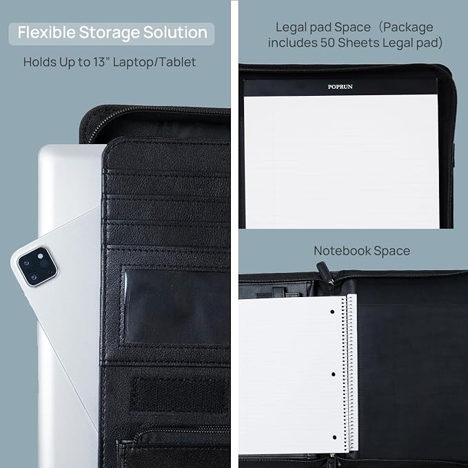 POPRUN Padfolio Portfolio with Handle, PU Leather Business Organizer Binder with 50 Sheet Notepad, Tablet Document Card Holder for Meeting Interview Office, Black