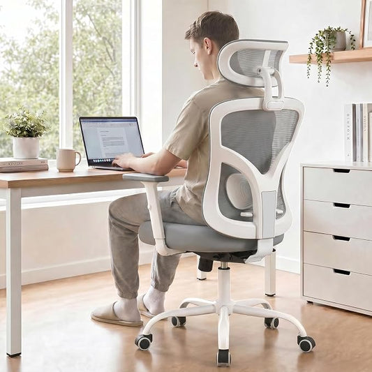 Marsail Ergonomic Office Chair Lumbar Support & Adjustable Armrests, Grey | 2D Headrest, Contoured Seat Cushion, Computer Desk Chair with Wheels for Home and Office