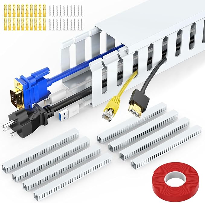 Open Slot Wiring Raceway Cable Duct,Cable Management Cord Track | 123" open slot cable raceway,White 1.97x1.97",8 pcs desk wire channel to hide computer cables and cords