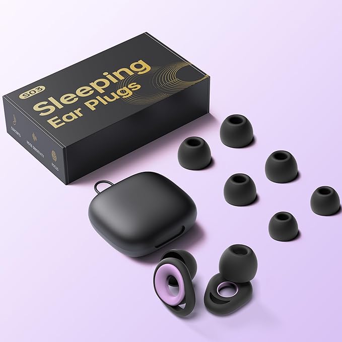 Ear Plugs for Sleeping Noise Cancelling Earbuds, Reusable Silicone Earplugs for Sleeping, High Fidelity with Mute Layer for Snoring Solution for Travel,Focus,45dB Noise Reduction (Black Violet)