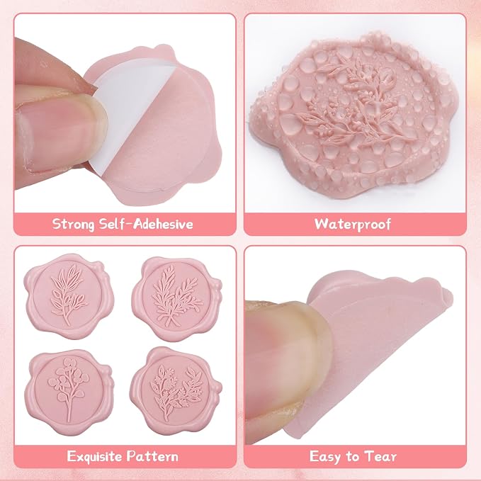 60Pcs Wax Seal Stickers, Wedding Invitation Envelope Seal Stickers Adhesive Backed Blush Pink for Wedding, Party,Valentine's Day,Mother's Day,Gift Wrapping (4 Leaf Styles)