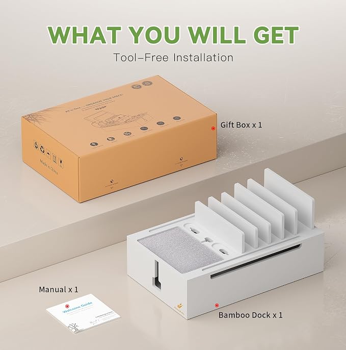 Pezin & Hulin Bamboo Charging Station-White (No USB Charger and Cables) | Electronic Devices Organizer for Multiple Devices Charger Such As Cell Phone, Tablet, Watch and More