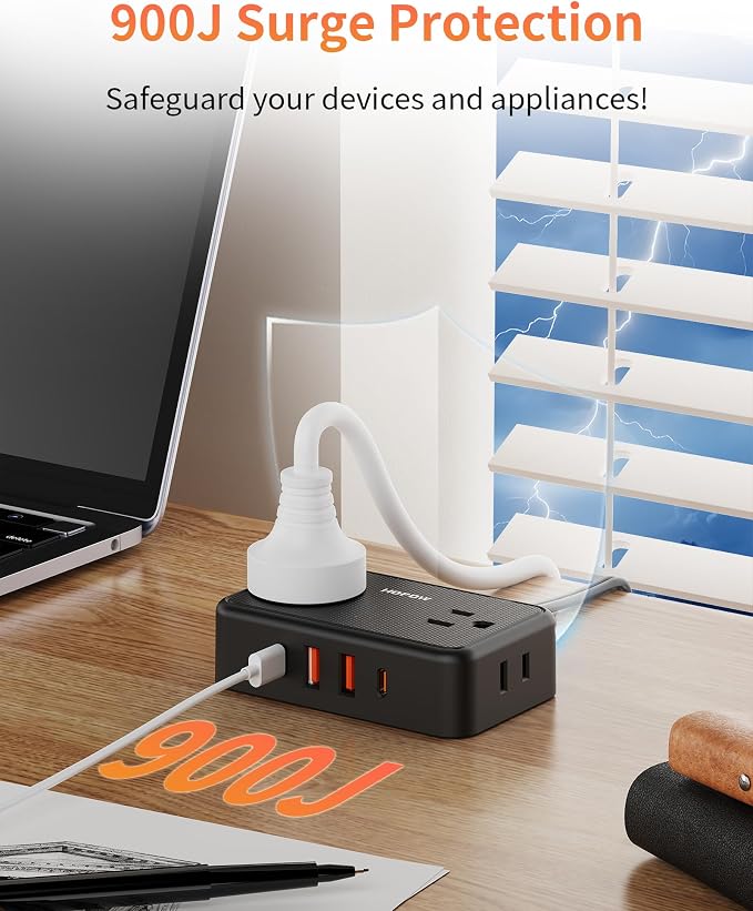 HOPOW 2 Prong Power Strip, 2 Prong to 3 Prong Outlet Adapter with 4 AC Outlets & 4 USB(2 USB-C), 6FT Two Prong Surge Protector, 900 Joules, Wall Mount Extension Cord for Non-Grounded Outlet, Black