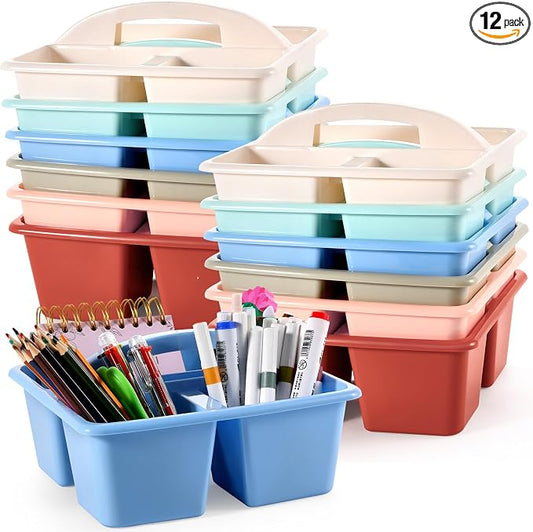 gisgfim 12 Pack Classroom Caddy with Handle Plastic Storage Caddy Organizer with 3 Compartments Desk Caddies Holder Portable Storage Bin for Pencil, Crayon, Marker, Home, Office, School Supply(Retro)