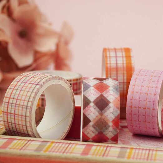Basic Grid Washi Tape Set 12 Rolls Plaid Decorative Masking Tapes for Arts, DIY Crafts, Journals, Planners, Scrapbook, Wrapping (Pink)