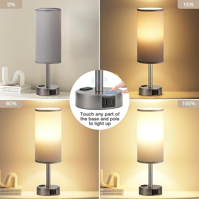 Fenmzee Grey Bedside Table Lamp for Bedroom - 3 Way Dimmable Touch Lamp USB C Charging Ports and AC Outlet, Small Lamp for Living Room, Desk, LED Bulb Included