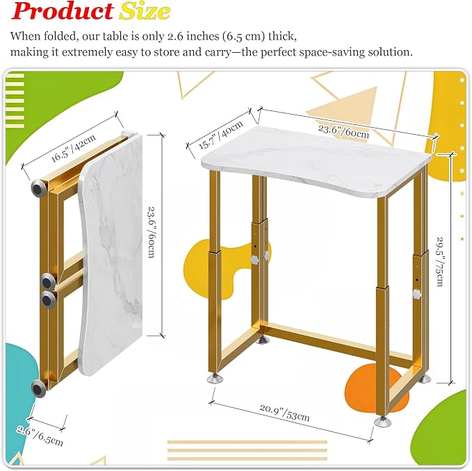 UDD No Tools Assembly Folding Desk, 23.6" Mobile Computer Desks with Wheels, Foldable Writing Fold Table, Portable Collapsible Work Craft Tables for Small Space Home Office Bedroom, White Gold