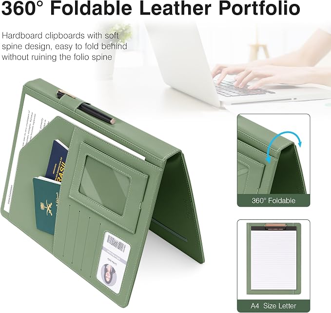 Ospelelf Faux Leather Clipboard with Storage Foldable Clipolio with Notepad 8.5 x 11, Green Business Padfolio Portfolio for Women