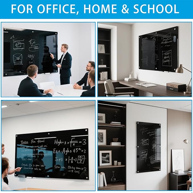 KIZZBY Black Glass Dry Erase Board - Magnetic Blackboard for Wall, 72"x36" Large Frameless Black Whiteboard for Office, Home & School