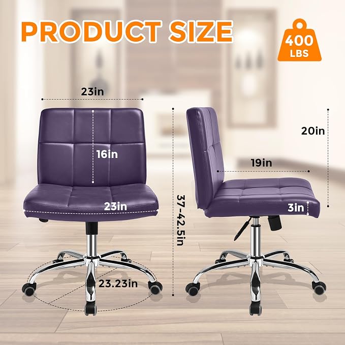 360° Office Desk Chair,PU Adjustable Rolling Task Chair with Backrest for Barber,Office,Home, Computer,360° Swivel,Armless (Widened Purple)