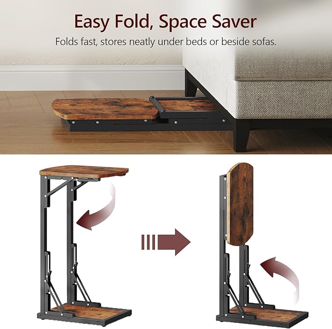 MAHANCRIS Set of 2 Folding C Shaped End Table, Adjustable Small Sofa Side Laptop Desk, Foldable Couch TV Tray Table for Small Spaces, Living Room, Bedroom, Rustic Brown ETHR4101S2