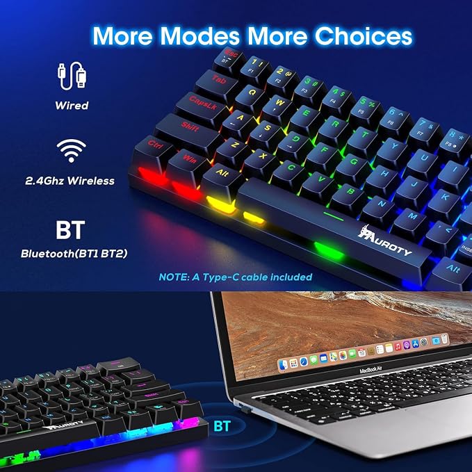 Pauroty 60% Wireless Mechanical Keyboard, Triple Mode 2.4G/USB-C/Bluetooth Gaming Keyboard, RGB Backlit, Clicky Blue Switch, 61 Keys Rechargeable Mini Wireless Keyboard for iPad Mac PC Xbox