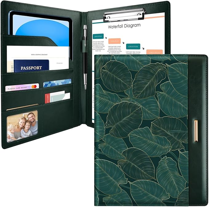 Padfolio/Resume Portfolio Folder for Women Men, WAVEYU Cute Chic Padfolio Cover Folder, Conference/Legal Document Organizer with Letter/A4 Size Clipboard, Document Sleeve, Green Leaves