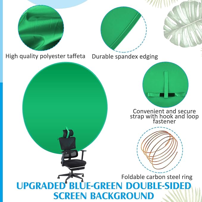 Briwooody Collapsible Blue Green Screen Backdrop (56") Double Sided Webcam Portable Background for Green Screen Chair with Storage Bag 2 in 1 Pop up Backdrop for Live Streaming Video Meeting