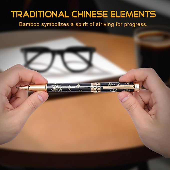 ZHKUVE Luxury Rollerball Pen,Stunning Black Lacquer with bamboo leaf patterns,Switzerland Tip with Black Ink Refills, Elegant Gift Set For Men & Women, Executive Writing, Nice Fancy