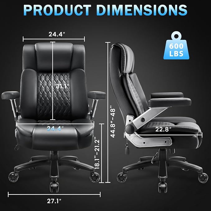 Big and Tall Office Chair 600lbs with 5D Flip Arms, Heavy Duty Executive Office Chairs, Ergonomic Desk Chair with Adjustable Lumbar Support & Rubber Wheels, PU Leather, Black