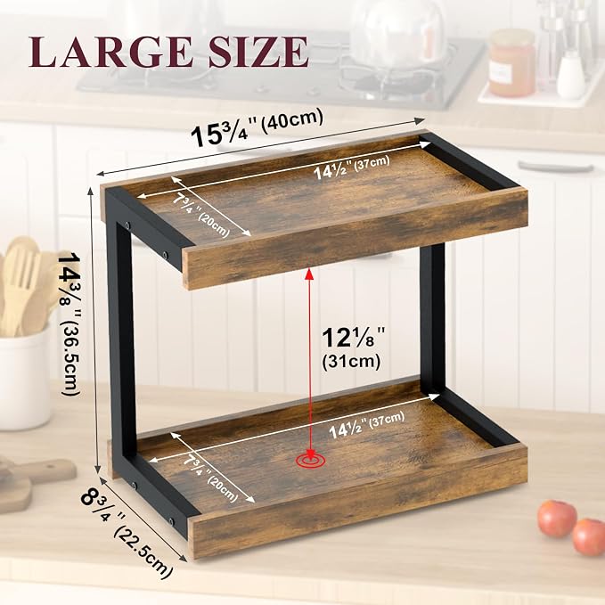 MARTY Counter Shelf Organizer, Large Spice Rack for Countertop, Brown | 2 Tier Serving Tray, 15.75"x8.9"x14.4" Large Display Stand, Coffee Bar/Station Organizer for Mugs Cups, for Kitchen Pantry