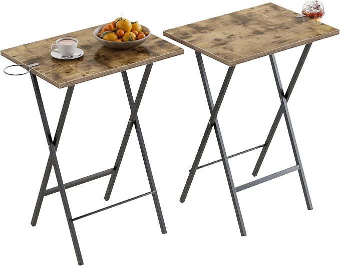 VECELO Folding TV Tray for Eating Set of 2, Portable Dinner/Snack Table with Cup Holder for Couch, Living Room and Small Space, Rustic Brown