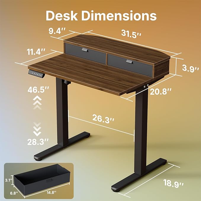 HUANUO 32 x 21 inch Small Electric Standing Desk with 2 Drawers, C-Clamp Mount Compatible, Height Adjustable Sit Stand Desk, Home Office Stand Up Desk with 4 Memory Height Settings, Walnut