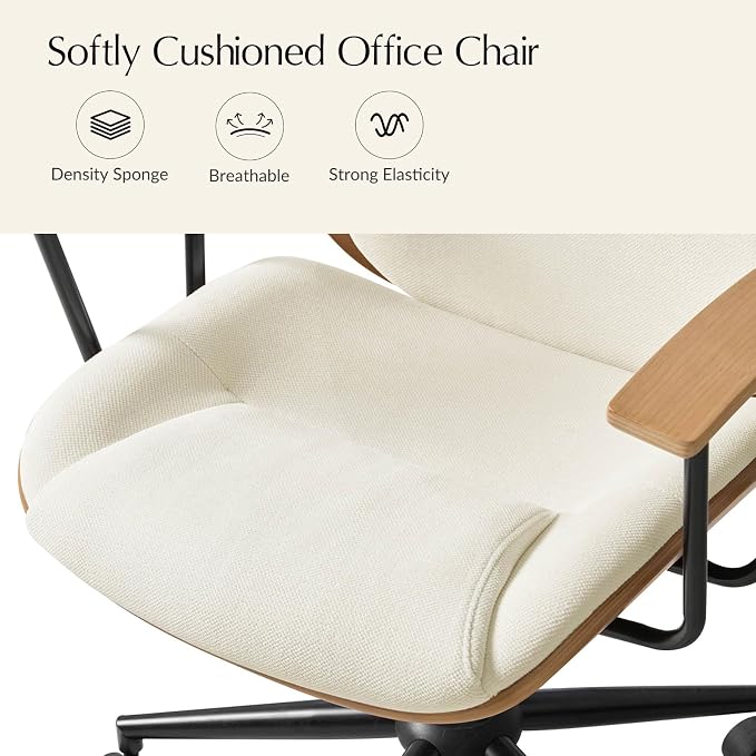 HULALA HOME Solid Wood Office Chair with Tilt Function & Metal Base, Ivory | Mid Century Modern Desk Chair with Bent Wood Frame, 360° Swivel Fabric Computer Task Chair, Height Adjustable
