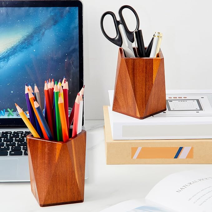 2 Pcs Wood Pen Pencil Holder Geometric Pencil Cup Stand Makeup Organizer for Pen Holder Desk Home Office Adults (Acacia Wood)