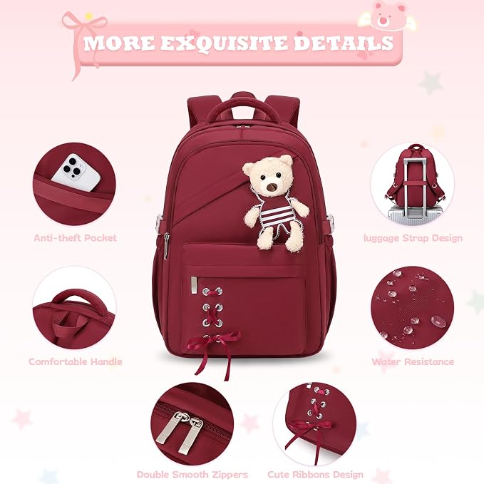 ACESAK School Backpack for Girls - 3 PCS Cute Girls Backpack with Lunch Box & Pencil Case - Kawaii Casual Kids Bookbag School Bag Daypacks Set for Elementary Middle High School Student Teens (Red)