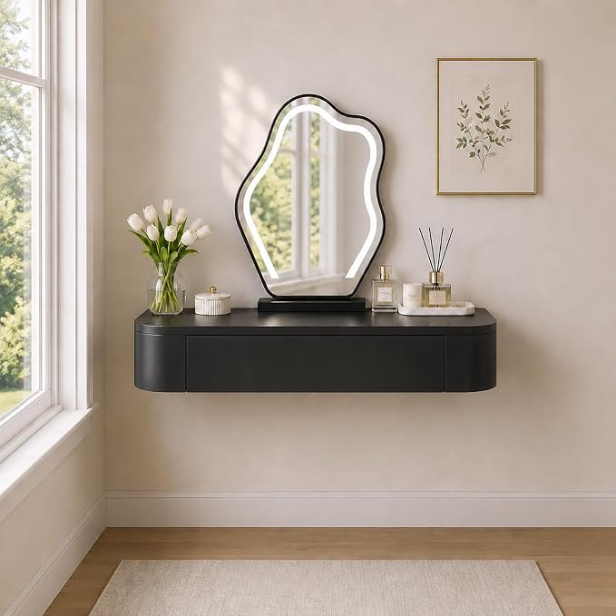 Floating Makeup Vanity Desk with Drawers Wall Mounted Makeup Table with Storage Fully Assembled Floating Vanity Desk Space Saving Modern Dressing Table for Bedroom Closet(Black,23.6")
