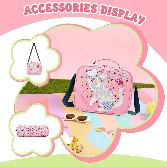 Backpack for Girls,Kids Backpack for Girls with Lunch Box Pencil Case Set Cute Cat Kids Schoolbag for Girl,Lightweight Travel Daypack Birthday Christmas for Girl Back to School Supplies