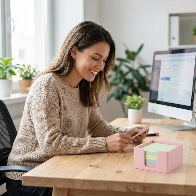 Silicone Sticky Note Holder for Desk - Modern 3x3 Inch Memo Pad Dispenser Post Note Holder, Minimalist Desk Note Storage Organizer for Office, Home, and School, Pink