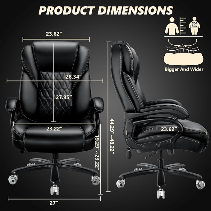 600lbs Big and Tall Office Chair with Pocket Spring Cushion, Heavy Duty Office Chair for Low Back Pain Relief, Large Executive Office Chair (Classic, Black with Gel Seat Cushion)