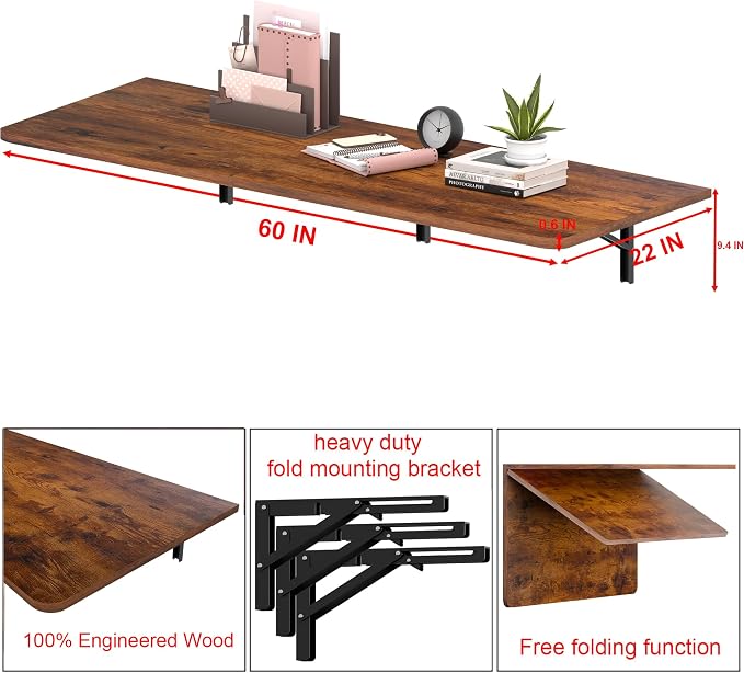 IAE 60" x 22" Floating Foldable Desk,Wall-Mounted Folding Computer Table with Engineered Wood,Study Table with Shelf Brackets,Fold Down Shelf,Fold Computer Desk for Small Apartment,Holds 500 lb,Rustic