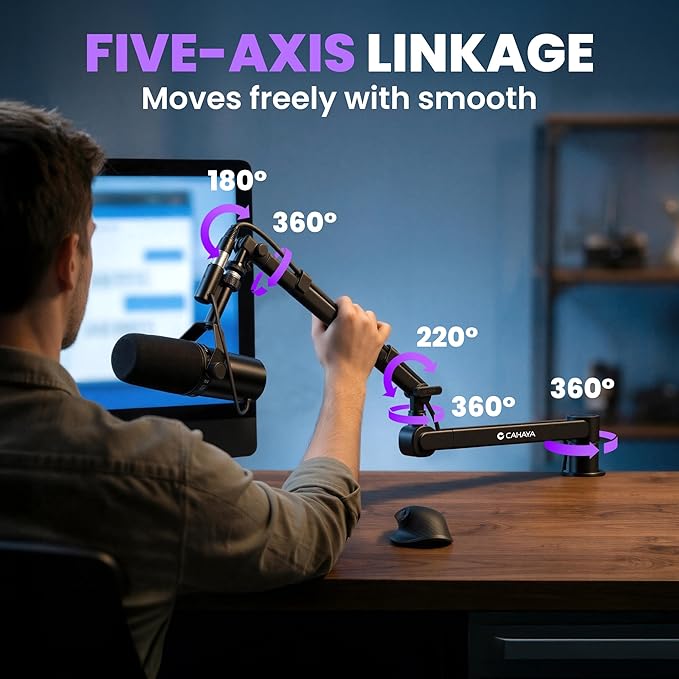 CAHAYA Desk Mount Mic Arm, Low Profile Boom Stand for Streaming, Black | Supports Mics Up to 5.5lb for Podcasting Recording Meetings Compatible with Shure SM7B, BlueYeti, FIFINE, HyperX QuadCast