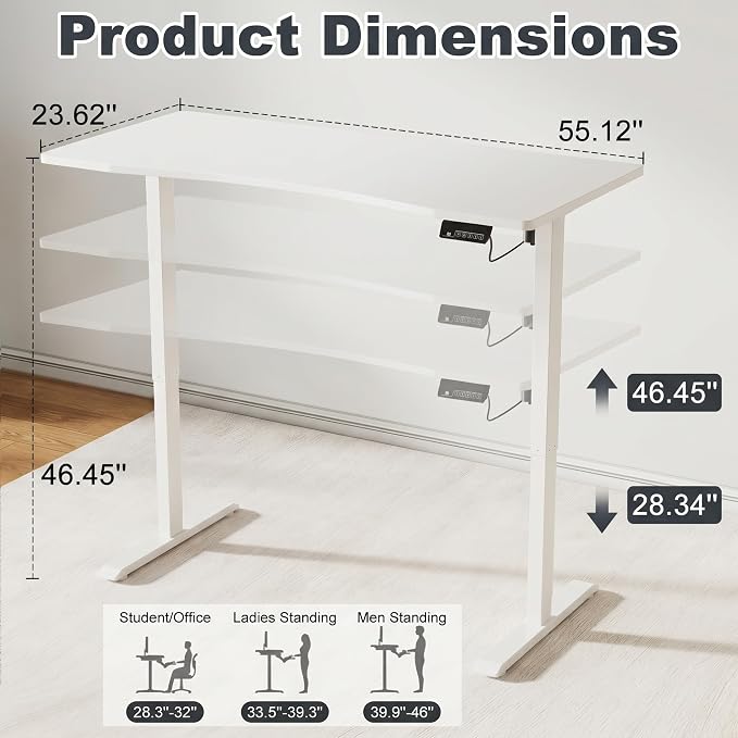 Solid Wood Electric Standing Desk 55"x23.6"Home Office Desk,Adjustable Workbench with 3 Stages Single Motor, Computer Workstation with T-Shaped Metal Bracket,White Standing Desk for Gaming(1 Box)