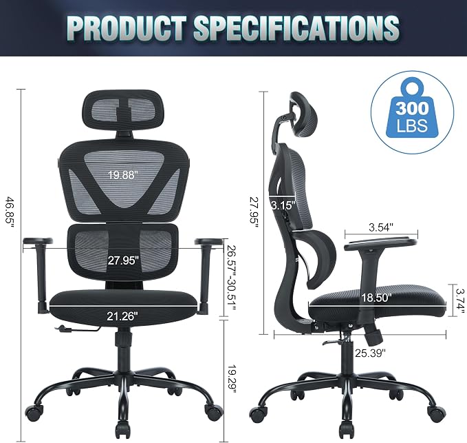 MALOL Ergonomic Office Chair with Adjustable Headrest & 3D Armrests, High Back Mesh Desk Chair with Lumbar Support, Reclining Lock 97°-125°, Swivel Computer Task Chair for Home Office, 300 LBS